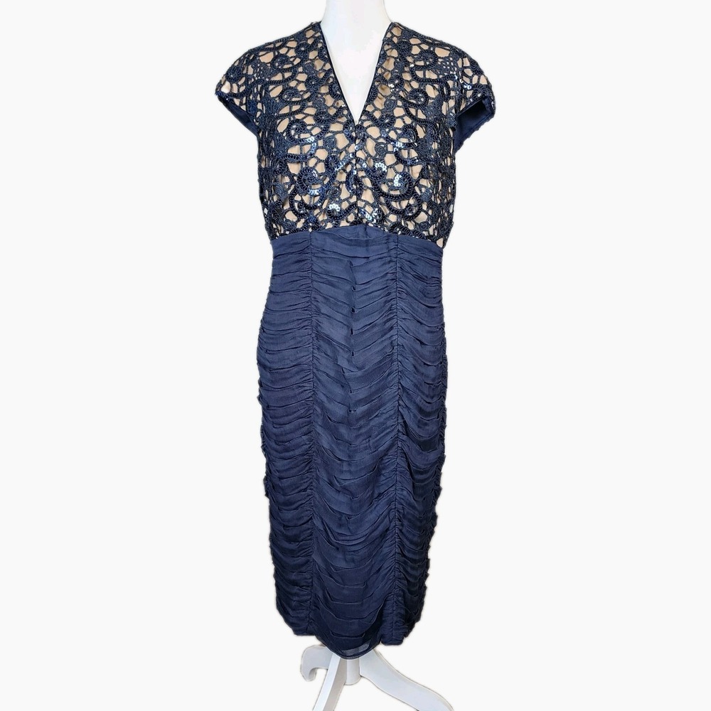 Tadashi Shoji Cocktail Formal Dress Womens 14 Navy Blue Silk Lace Sequin Wedding